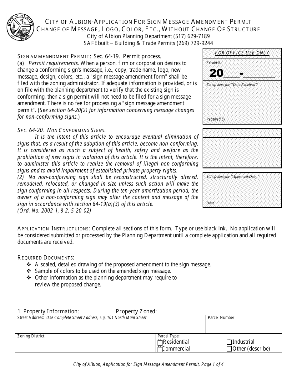Application for Sign Message Amendment Permit Change of Message, Logo, Color, Etc., Without Change of Structure - City of Albion, Michigan, Page 1