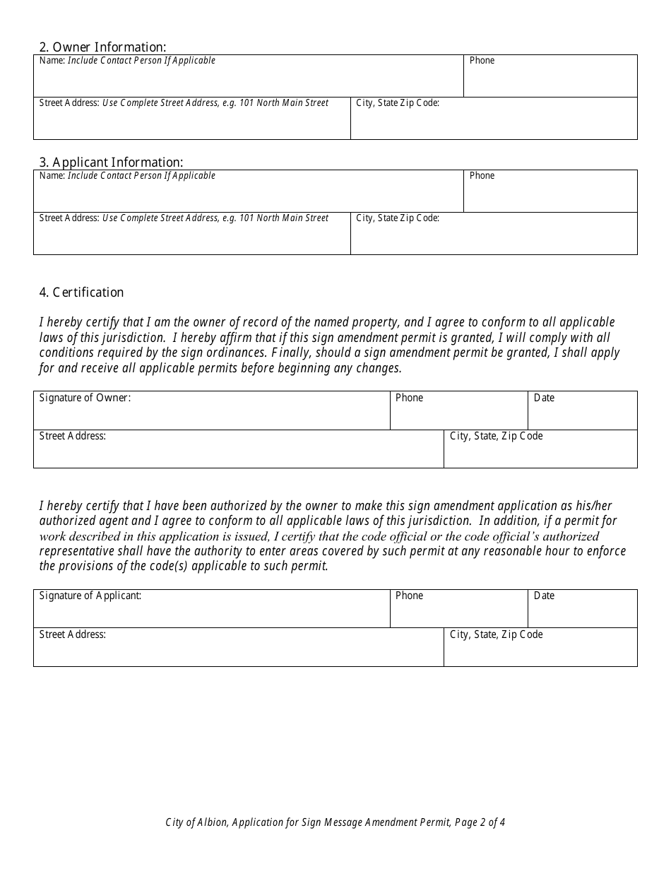 Application for Sign Message Amendment Permit Change of Message, Logo, Color, Etc., Without Change of Structure - City of Albion, Michigan, Page 2