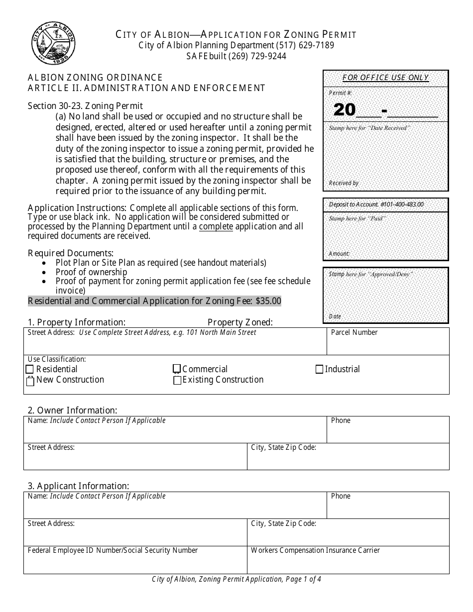 City of Albion, Michigan Application for Zoning Permit Fill Out, Sign Online and Download PDF