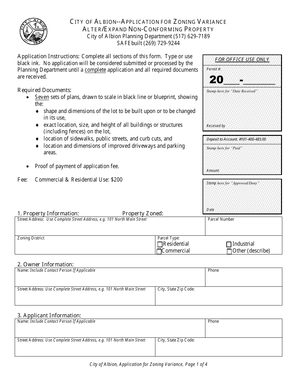 City of Albion, Michigan Application for Zoning Variance - Alter/Expand ...