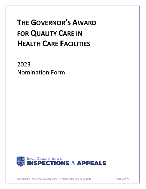 Governor&#039;s Award for Quality Care in Health Care Facilities Nomination Form - Iowa, 2023
