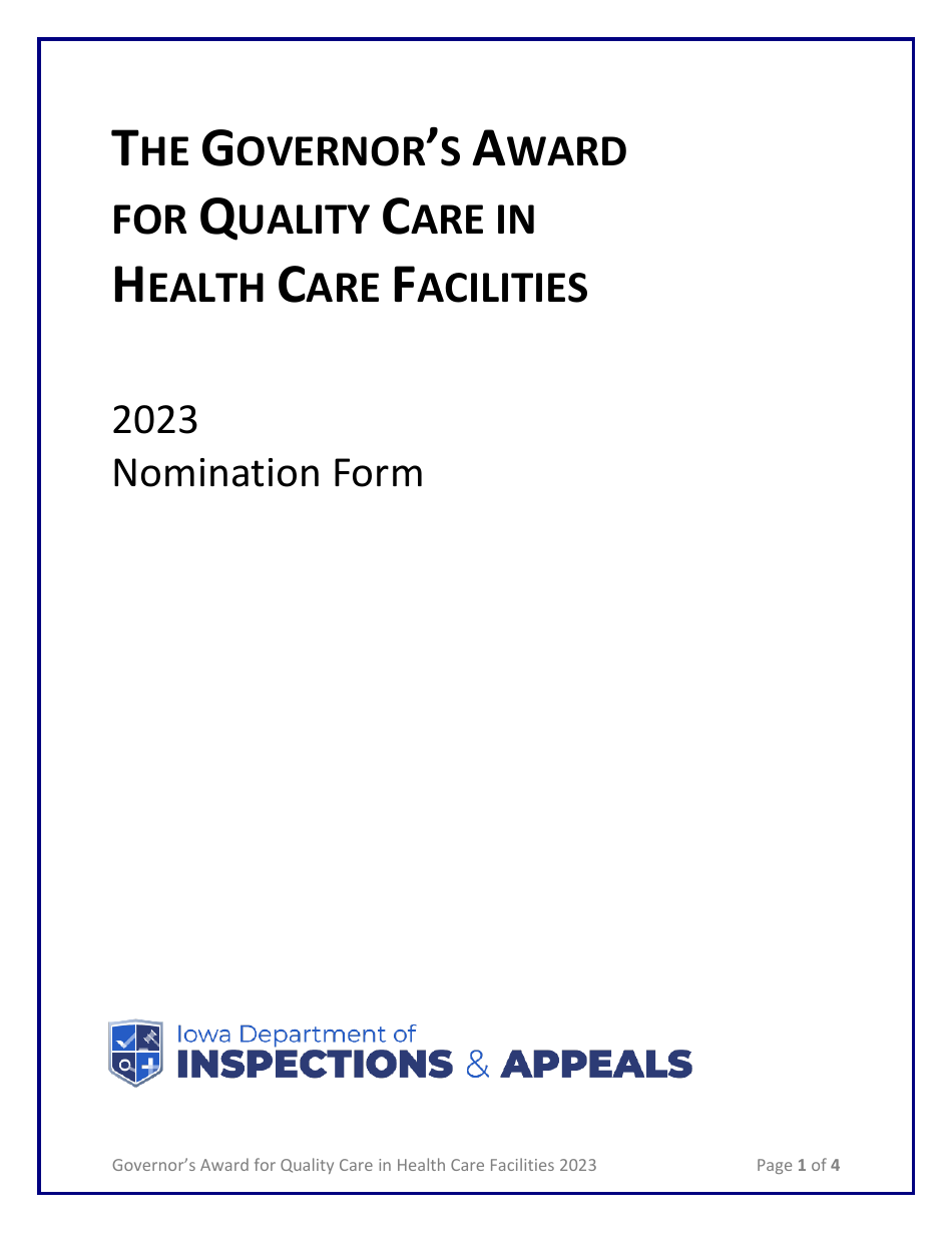 Governors Award for Quality Care in Health Care Facilities Nomination Form - Iowa, Page 1