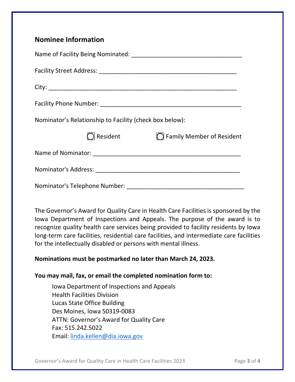 Governors Award for Quality Care in Health Care Facilities Nomination Form - Iowa, Page 3