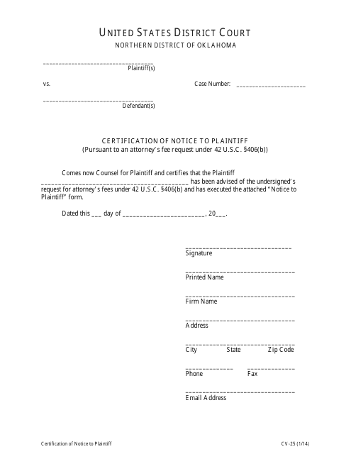Form CV-25 Certification of Notice to Plaintiff - Oklahoma