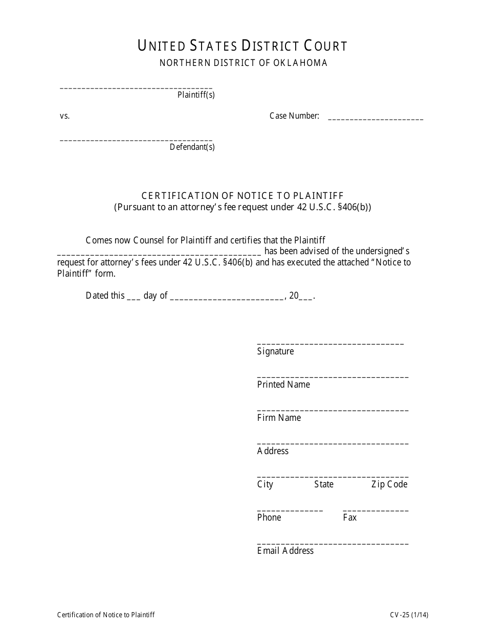 Form CV-25 Certification of Notice to Plaintiff - Oklahoma, Page 1