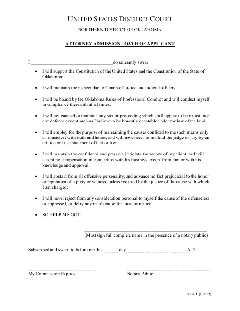Form AT-01 Attorney Admission - Oath of Applicant - Oklahoma