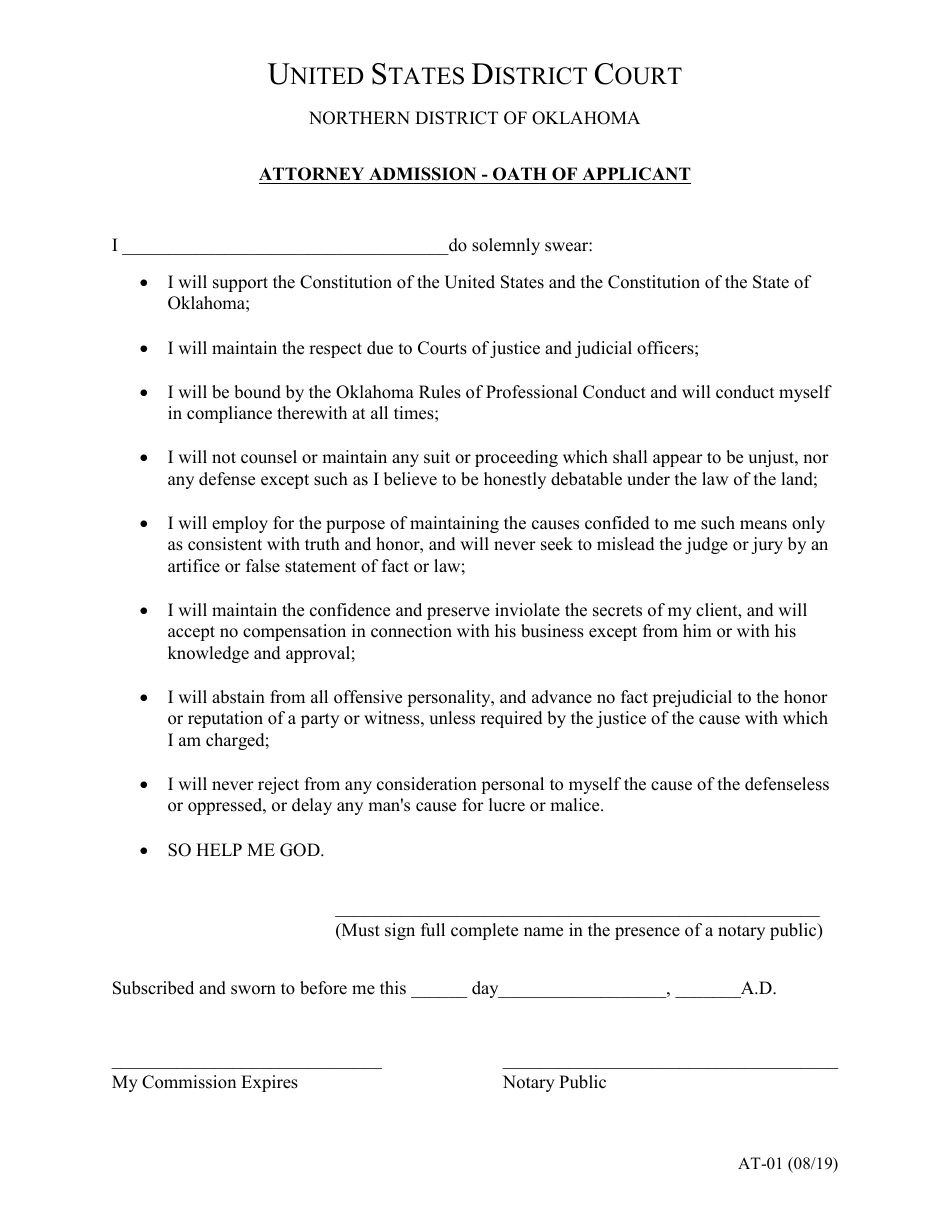 Form AT-01 Attorney Admission - Oath of Applicant - Oklahoma, Page 1