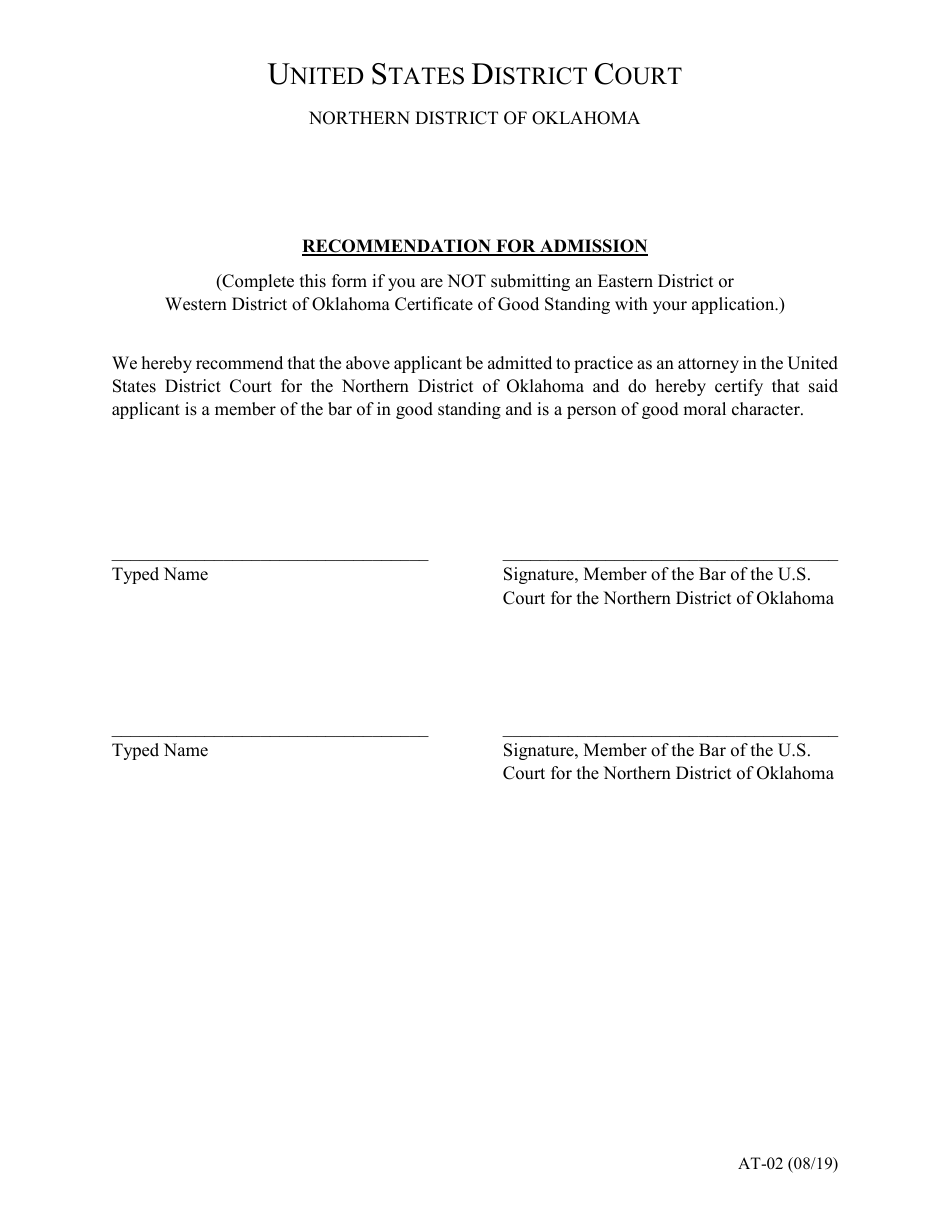 Form AT-02 Recommendation for Admission - Oklahoma, Page 1