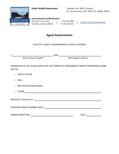Agent Authorization - Butte County, California Download Pdf
