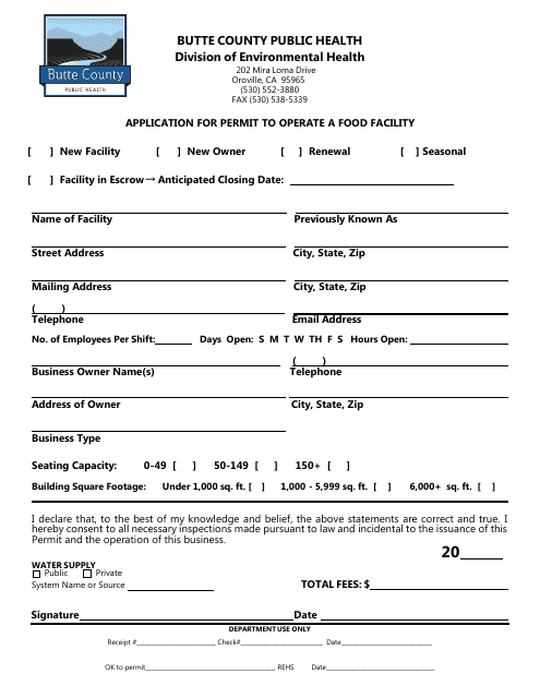 Application for Permit to Operate a Food Facility - Butte County, California