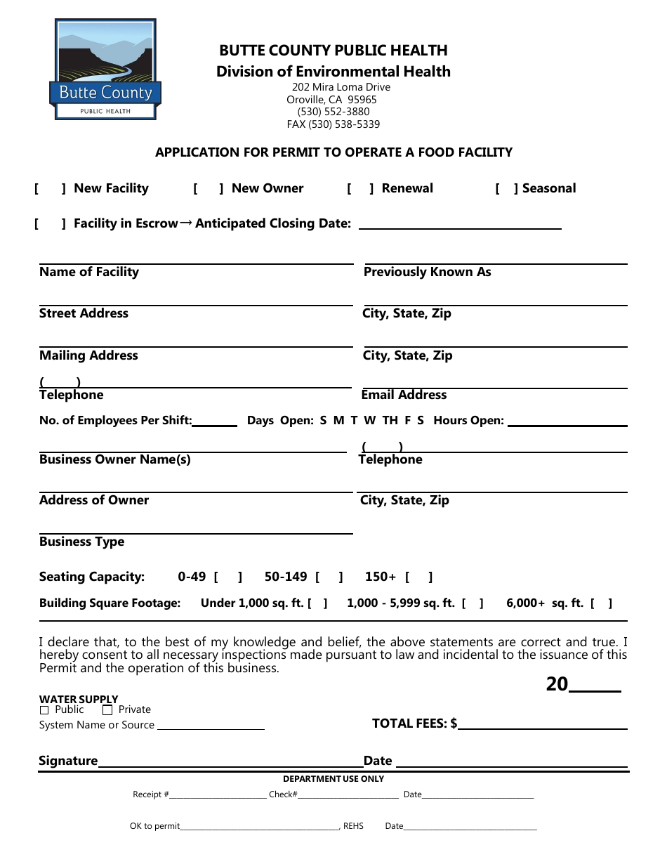 Butte County, California Application for Permit to Operate a Food