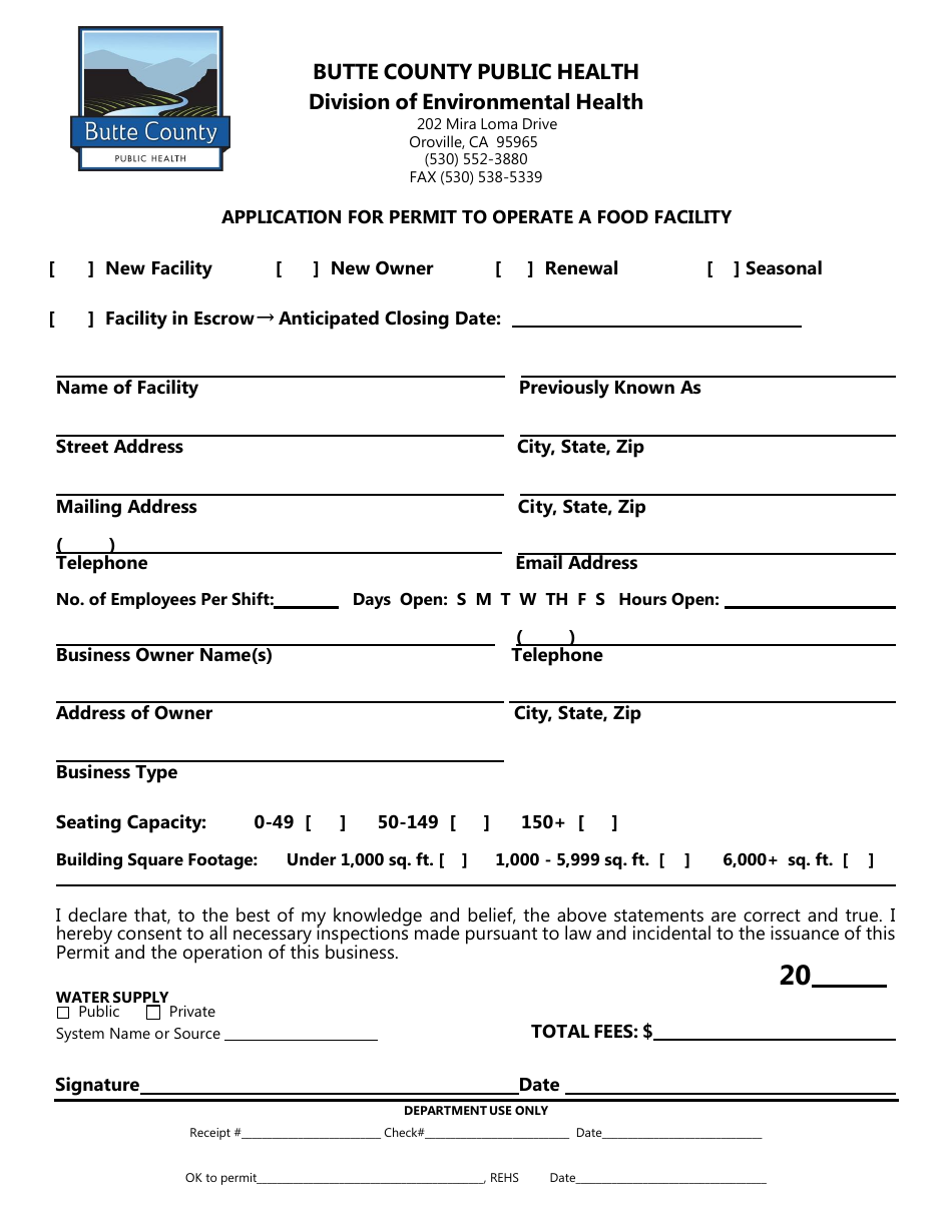 Application for Permit to Operate a Food Facility - Butte County, California, Page 1
