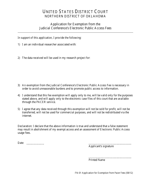 Form FN-01 Application for Exemption From the Judicial Conference's Electronic Public Access Fees - Oklahoma
