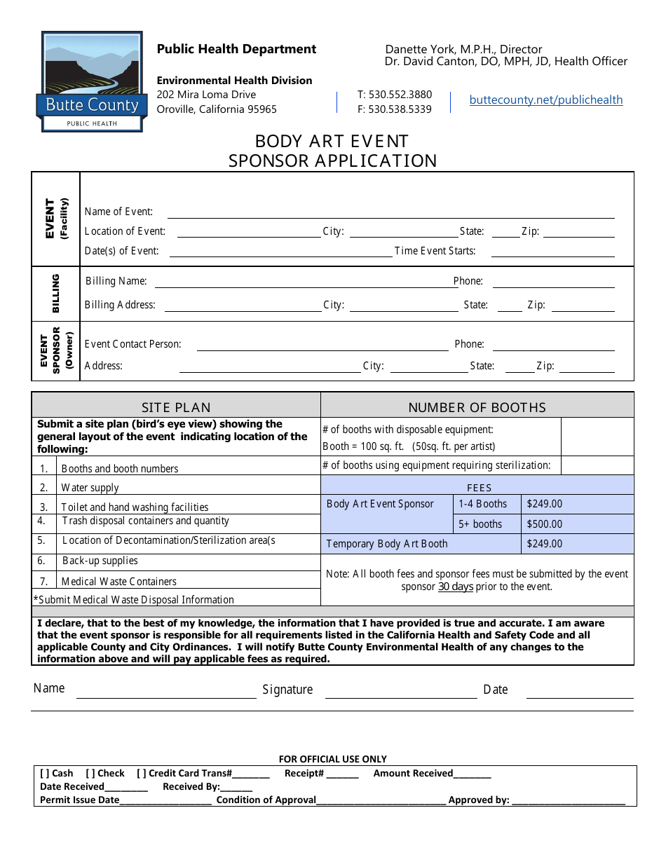 Body Art Event Sponsor Application - Butte County, California, Page 1
