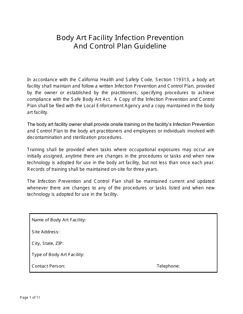 Body Art Facility Infection Prevention and Control Plan Guideline - Contra Costa County, California, Page 1