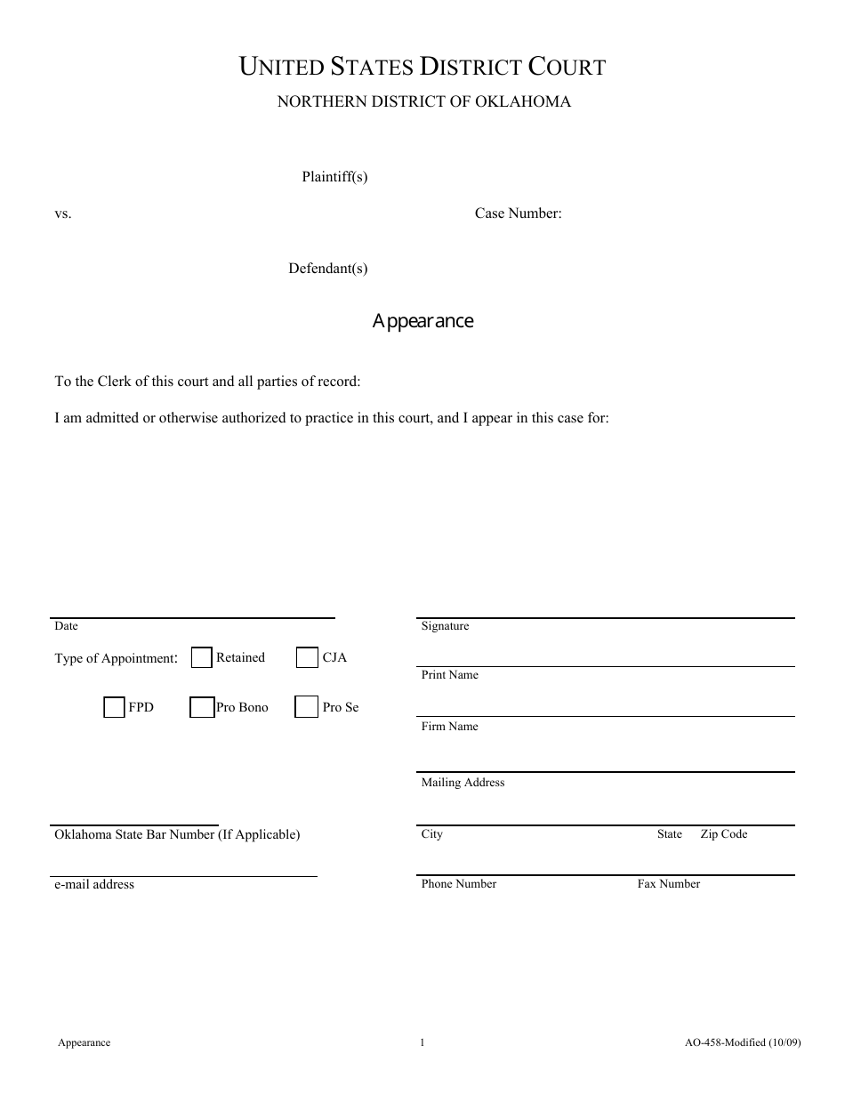 Form AO-458-MODIFIED Appearance - Oklahoma, Page 1