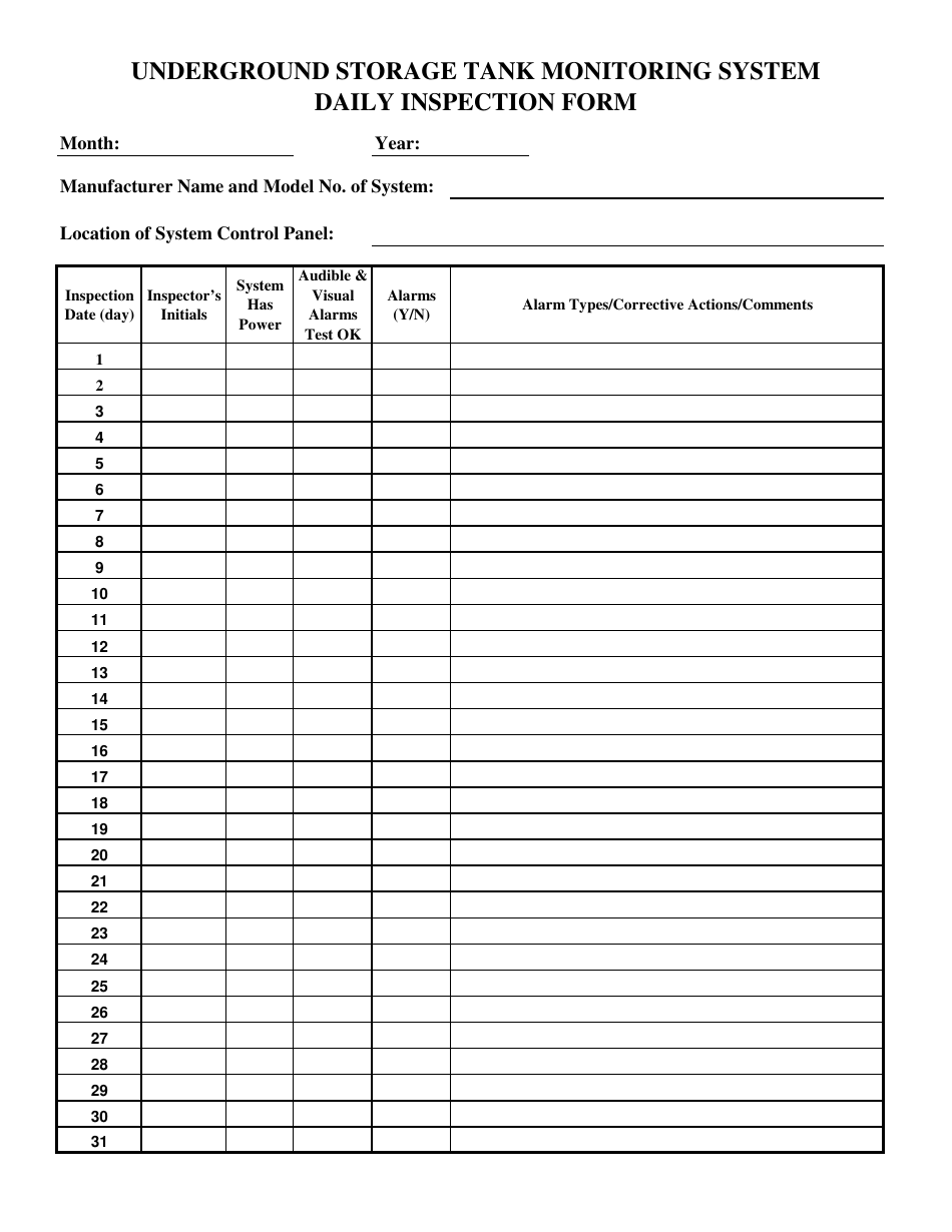 Underground Storage Tank Monitoring System Daily Inspection Form - Butte County, California, Page 1