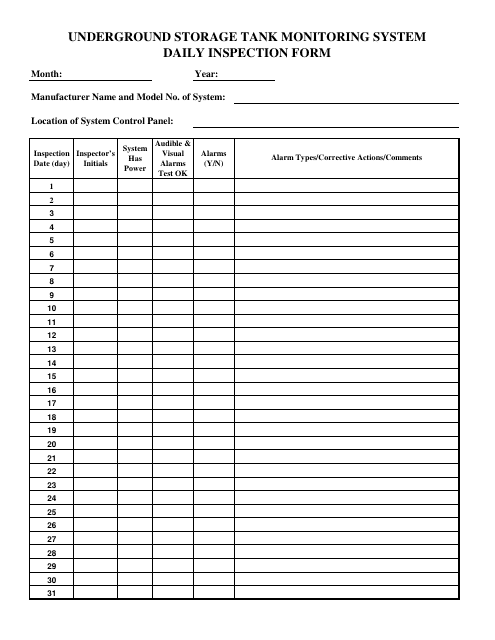 Underground Storage Tank Monitoring System Daily Inspection Form - Butte County, California Download Pdf