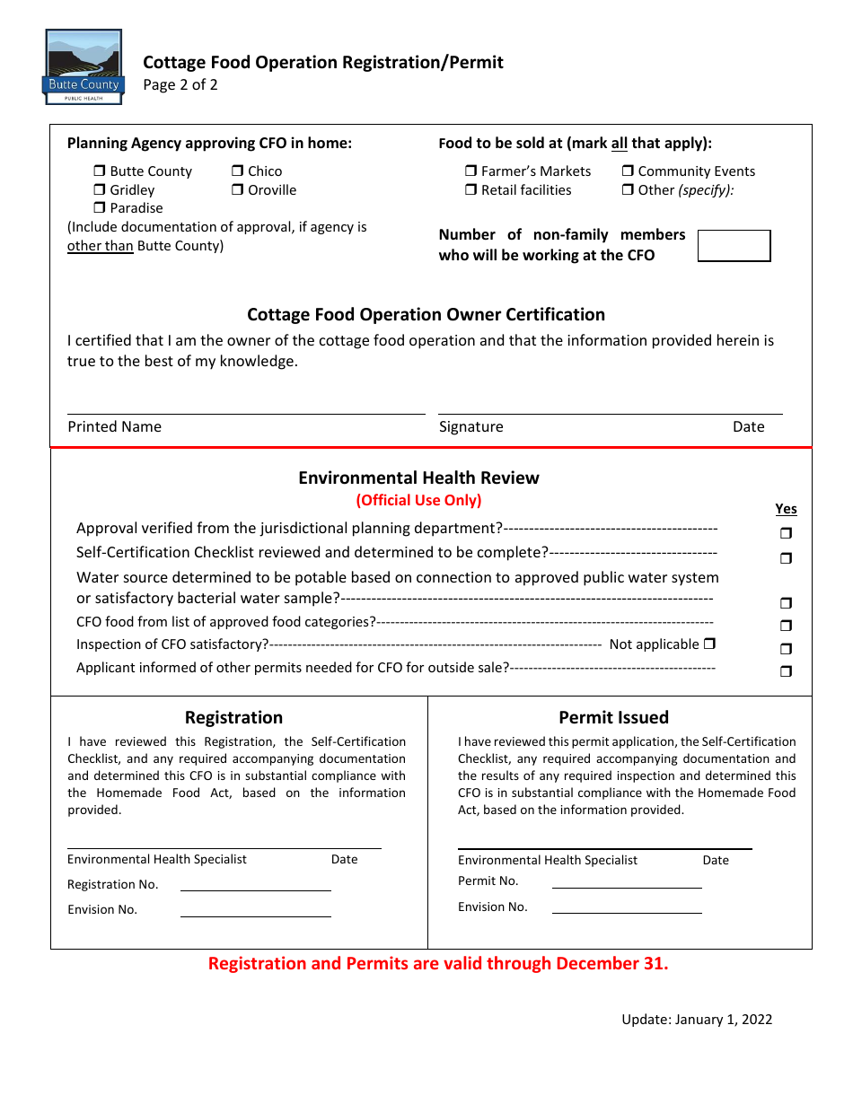 Butte County, California Cottage Food Operation (Cfo) Registration