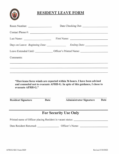 AFRHG SEC Form 0029 Resident Leave Form