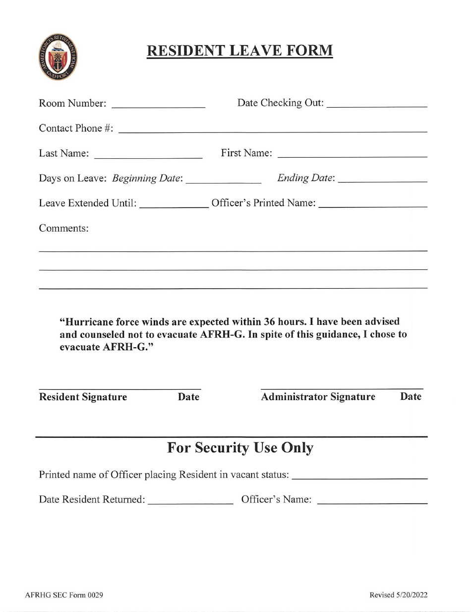 AFRHG SEC Form 0029 Resident Leave Form, Page 1