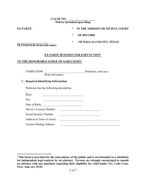 Ex Parte Petition for Expunction - Dallas County, Texas Download Pdf