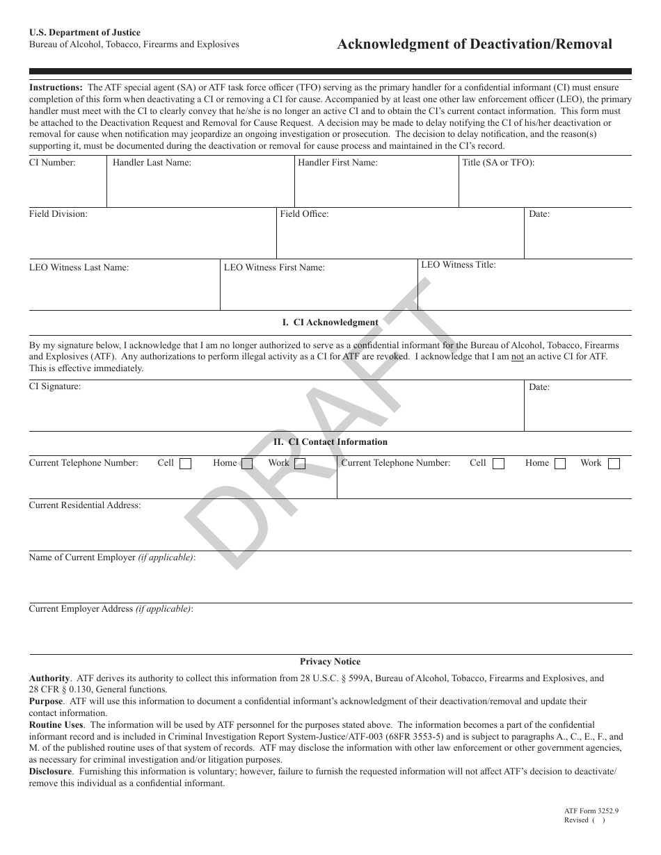 ATF Form 3252.9 Acknowledgment of Deactivation / Removal - Draft, Page 1