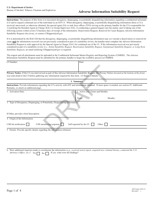 ATF Form 3252.12 Adverse Information Suitability Request - Draft