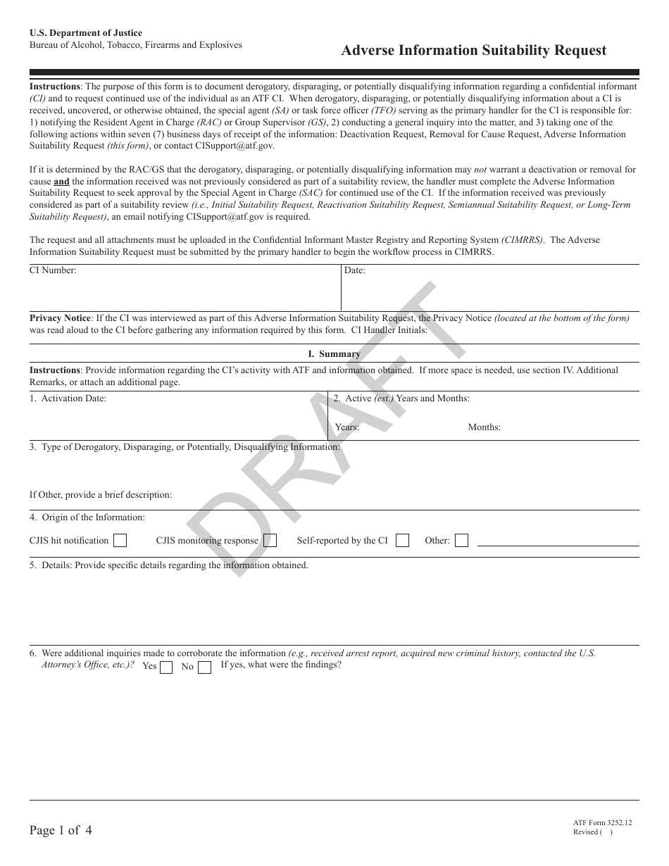 ATF Form 3252.12 Adverse Information Suitability Request - Draft, Page 1
