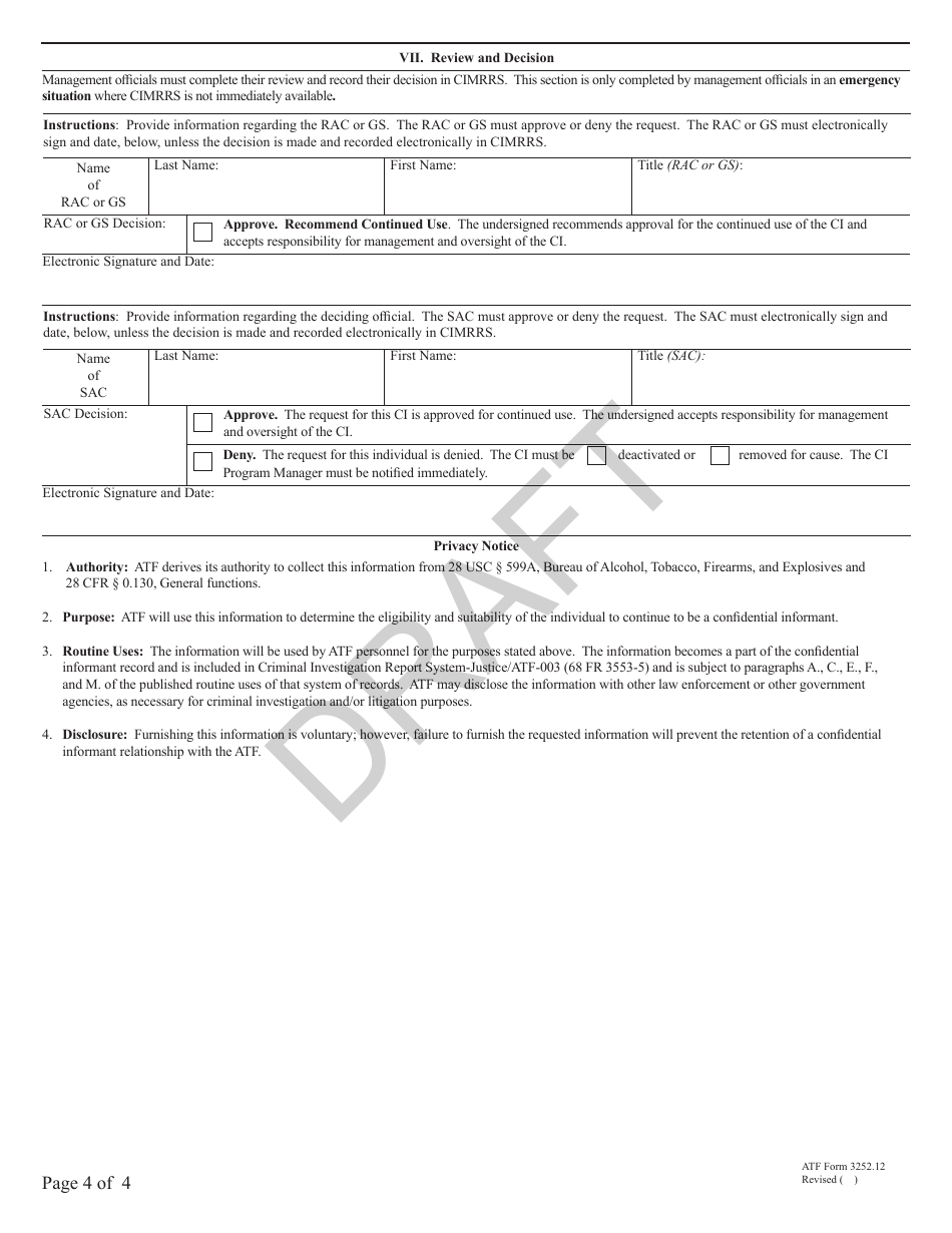 ATF Form 3252.12 Adverse Information Suitability Request - Draft, Page 4