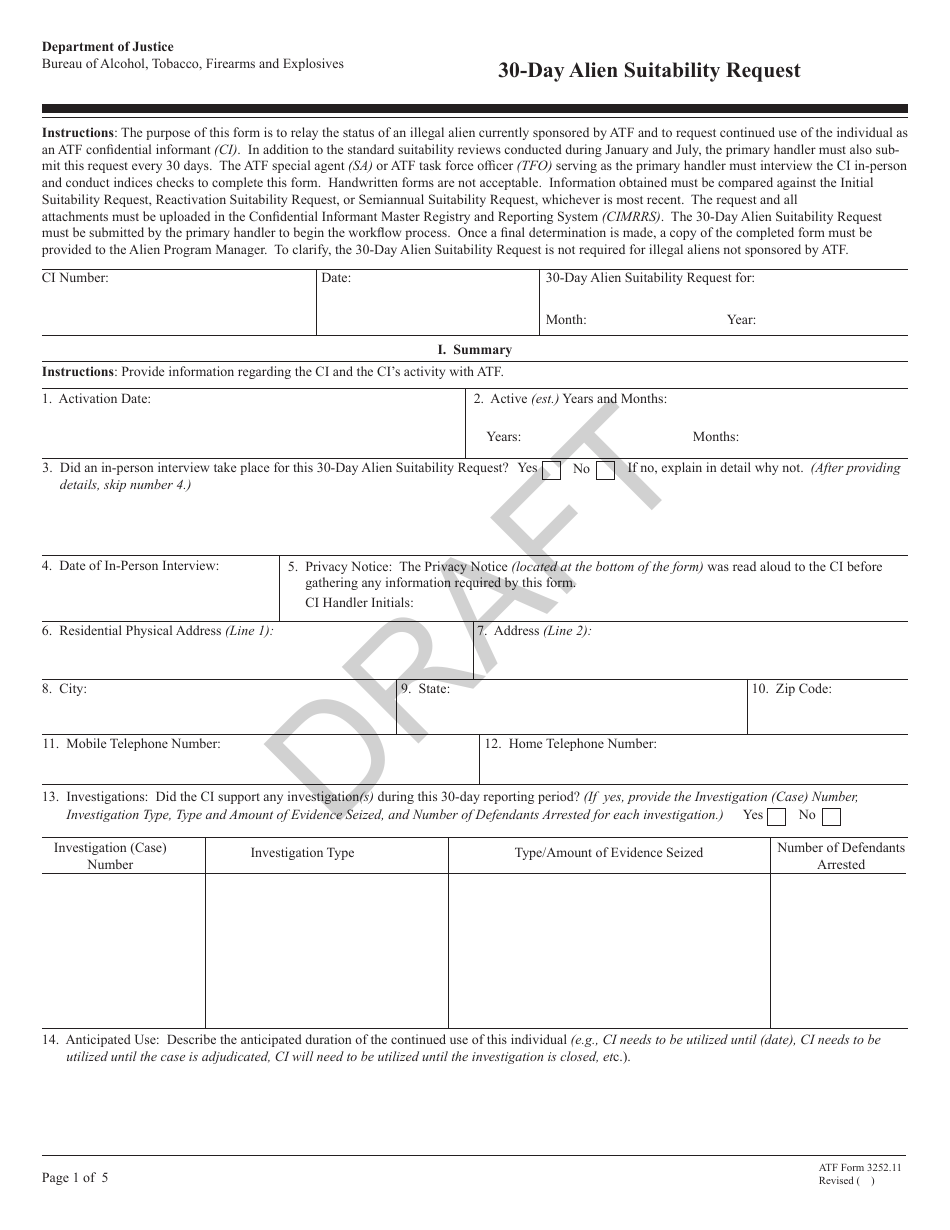 ATF Form 3252.11 30-day Alien Suitability Request - Draft, Page 1