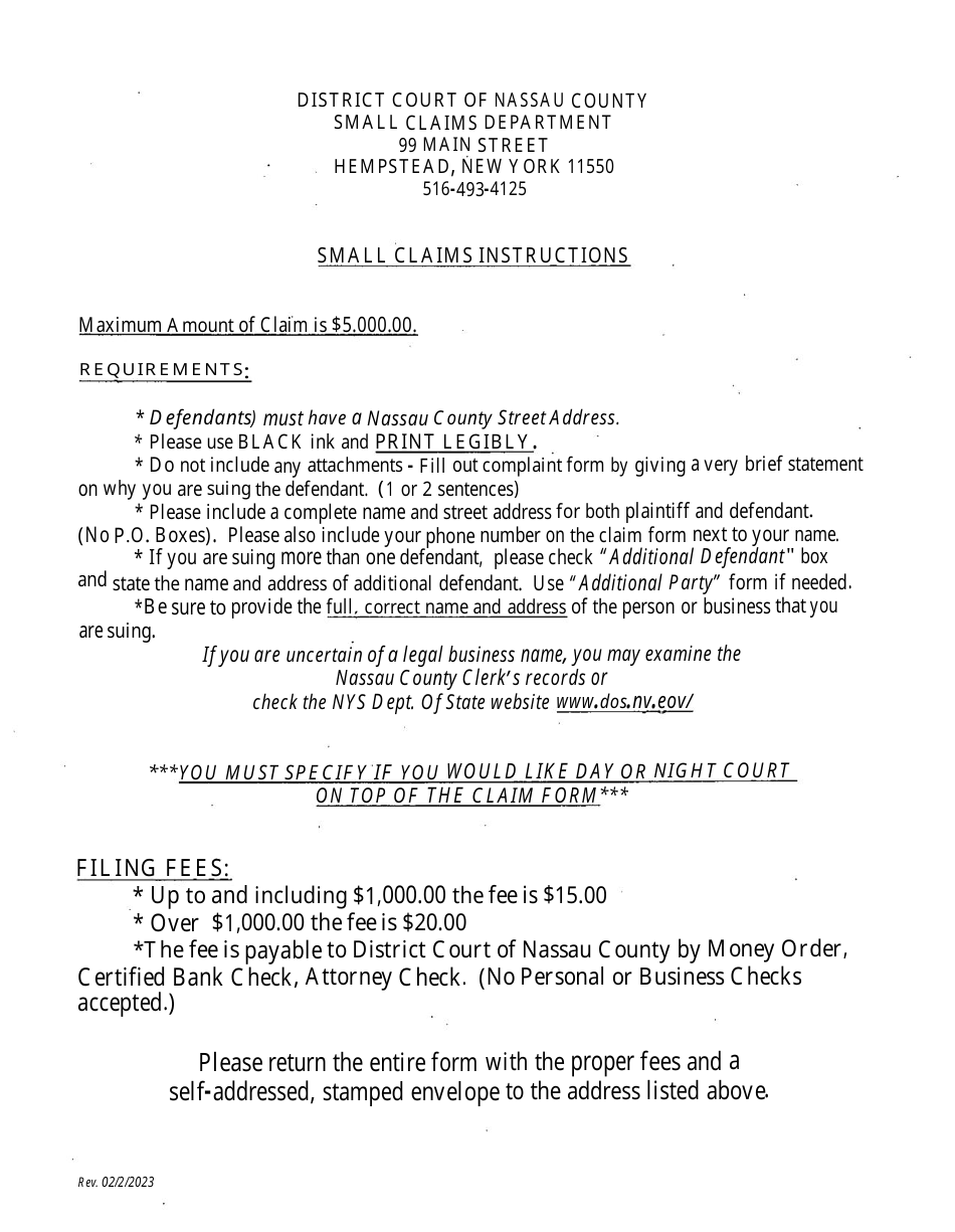 Instructions for Small Claims Complaint Form - Nassau County, New York, Page 1