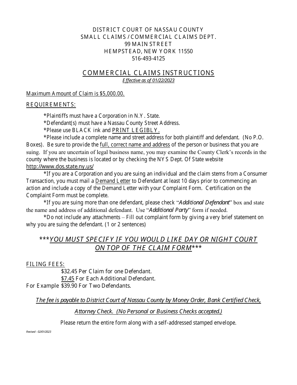 Instructions for Commercial Claims Complaint Form - Nassau County, New York, Page 1