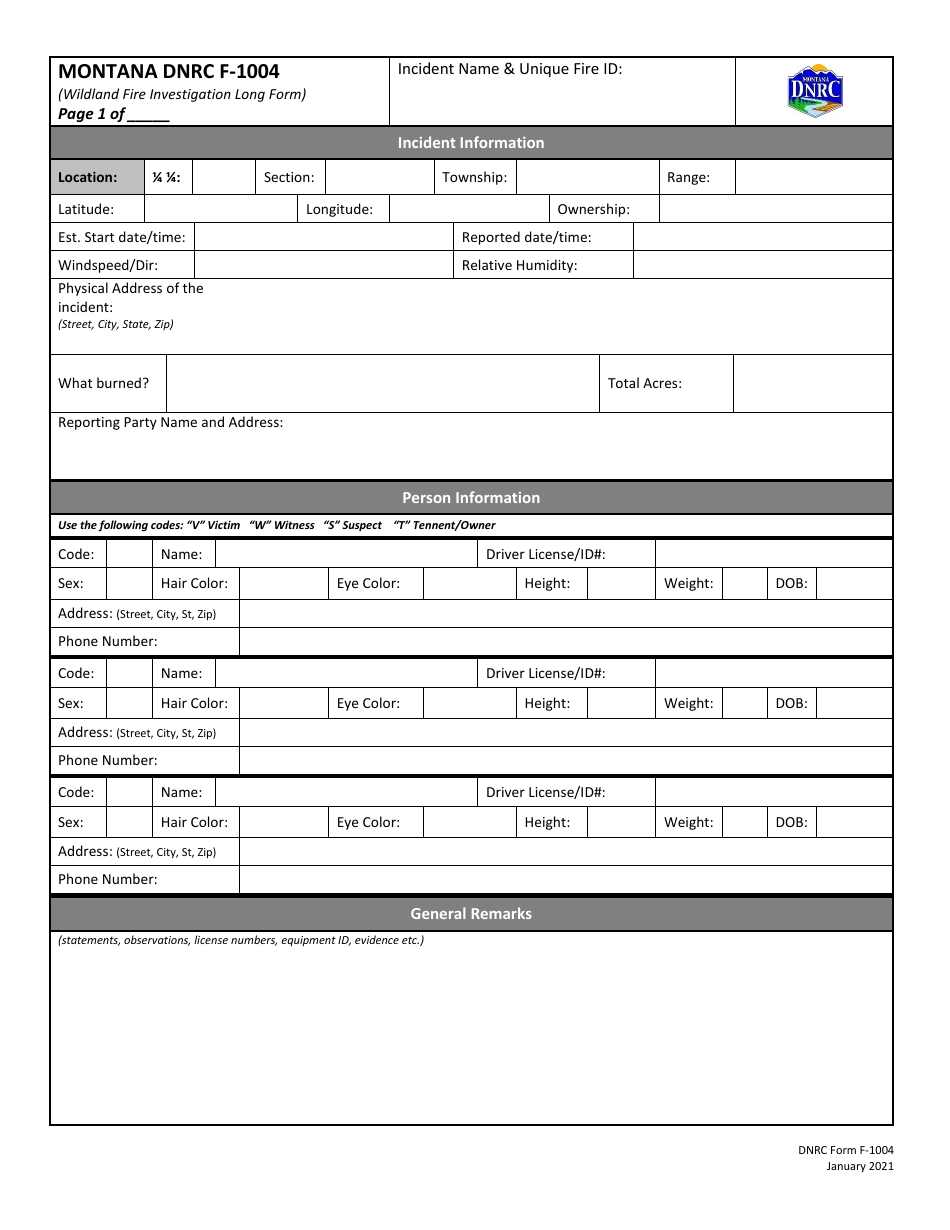Form DNRC F-1004 Wildland Fire Investigation Long Form - Montana, Page 1