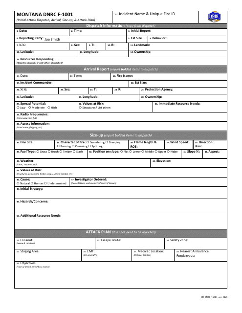 Form DNRC F-1001 Initial Attack Dispatch, Arrival, Size-Up, & Attack Plan - Montana