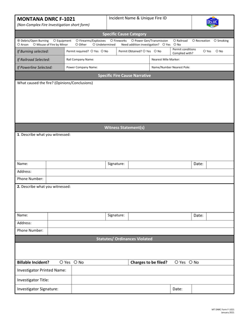 MT DNRC Form F-1021 Non-complex Fire Investigation Short Form - Montana
