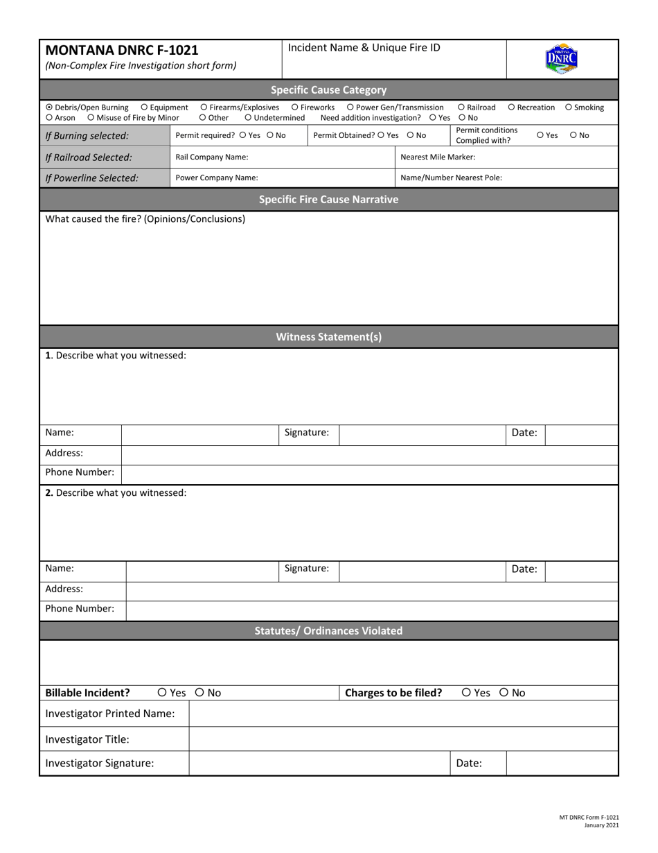 MT DNRC Form F-1021 Non-complex Fire Investigation Short Form - Montana, Page 1