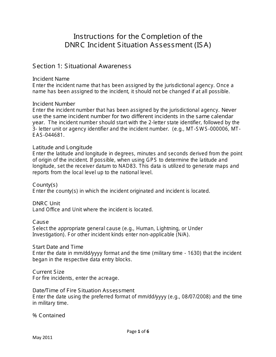 Instructions for Dnrc Incident Situation Assessment - Montana, Page 1