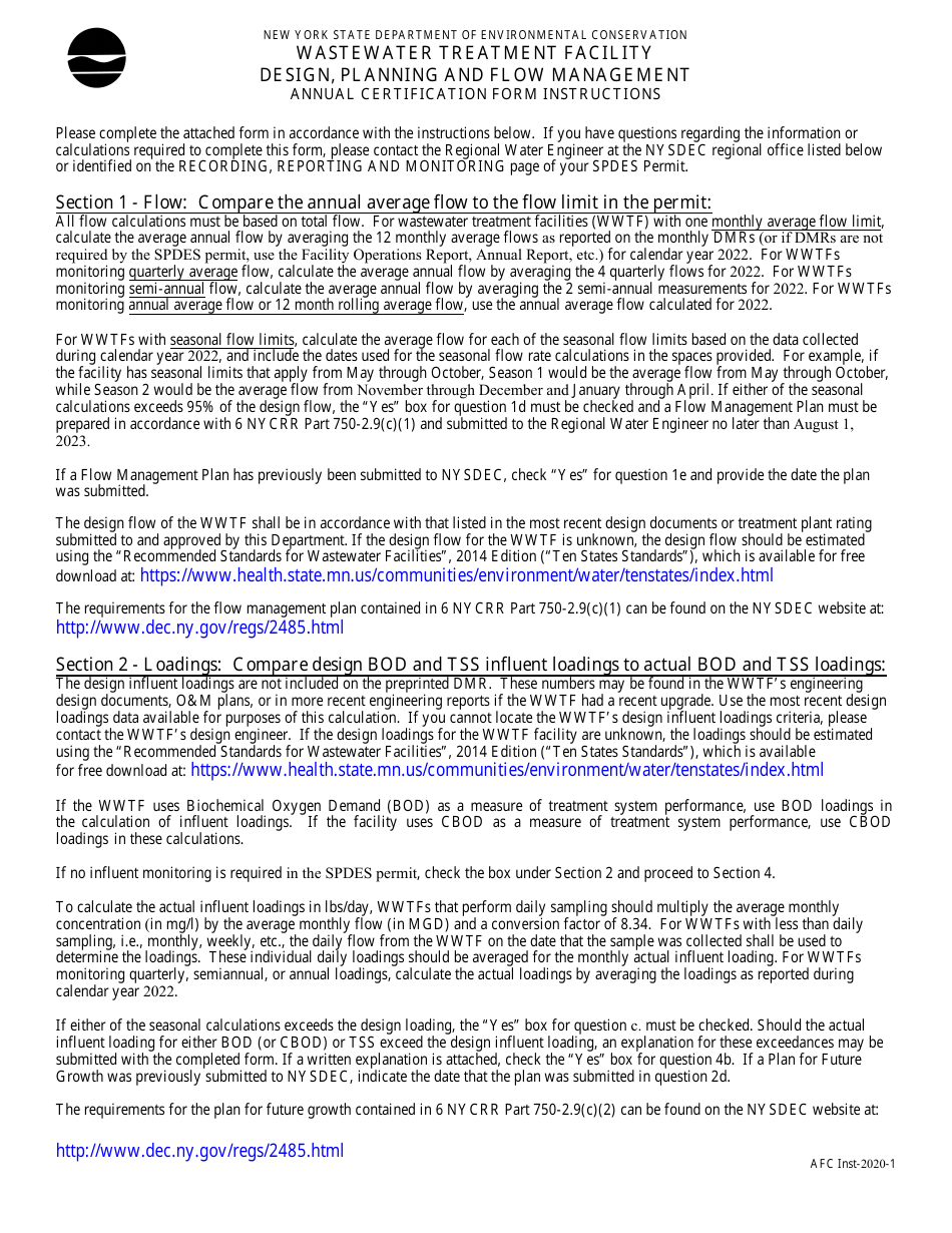 AFC Form 2020 Wastewater Treatment Facility Design, Planning and Flow Management Annual Certification Form - New York, Page 3