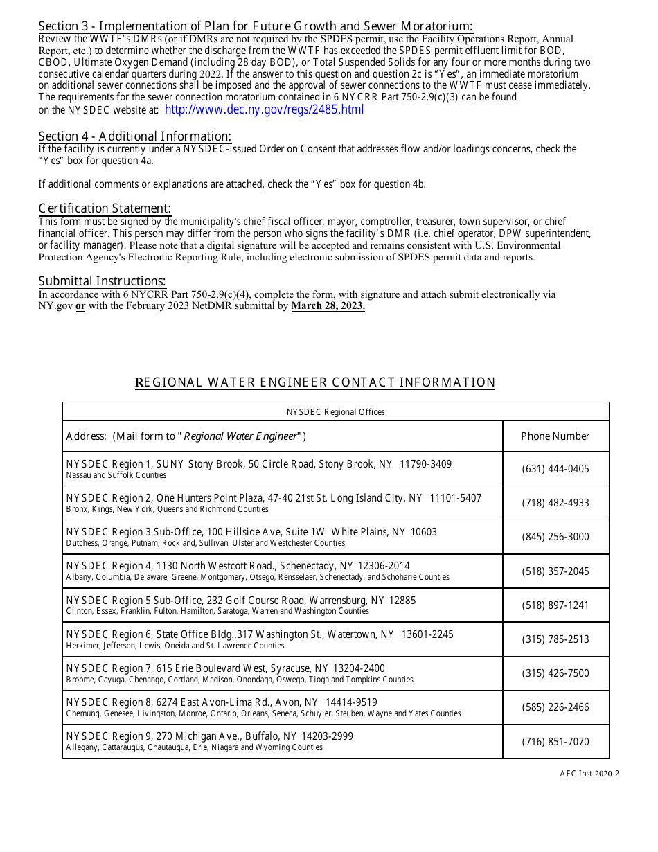 AFC Form 2020 Wastewater Treatment Facility Design, Planning and Flow Management Annual Certification Form - New York, Page 4