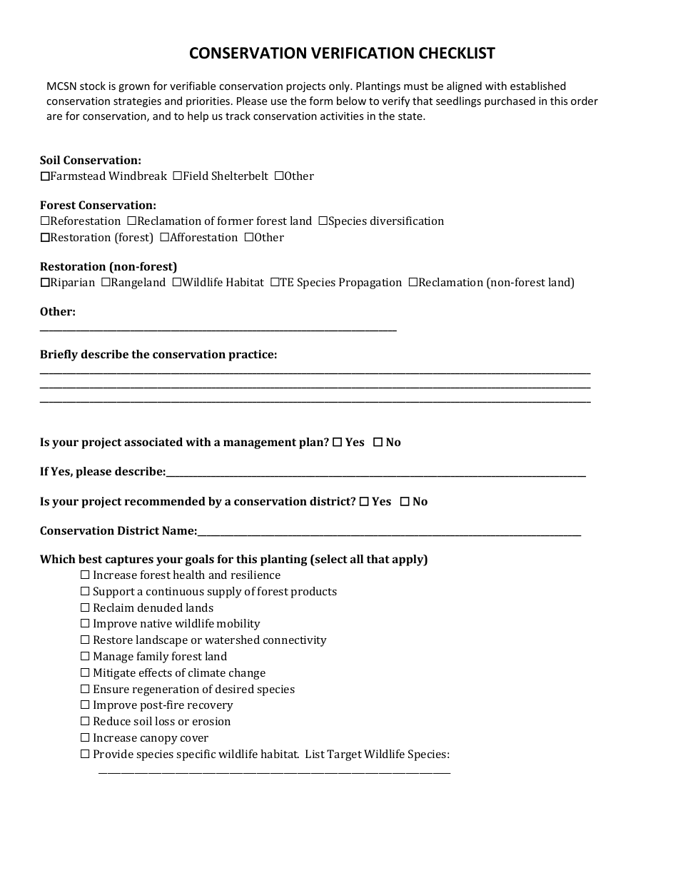 Conservation Verification Checklist - Montana, Page 1