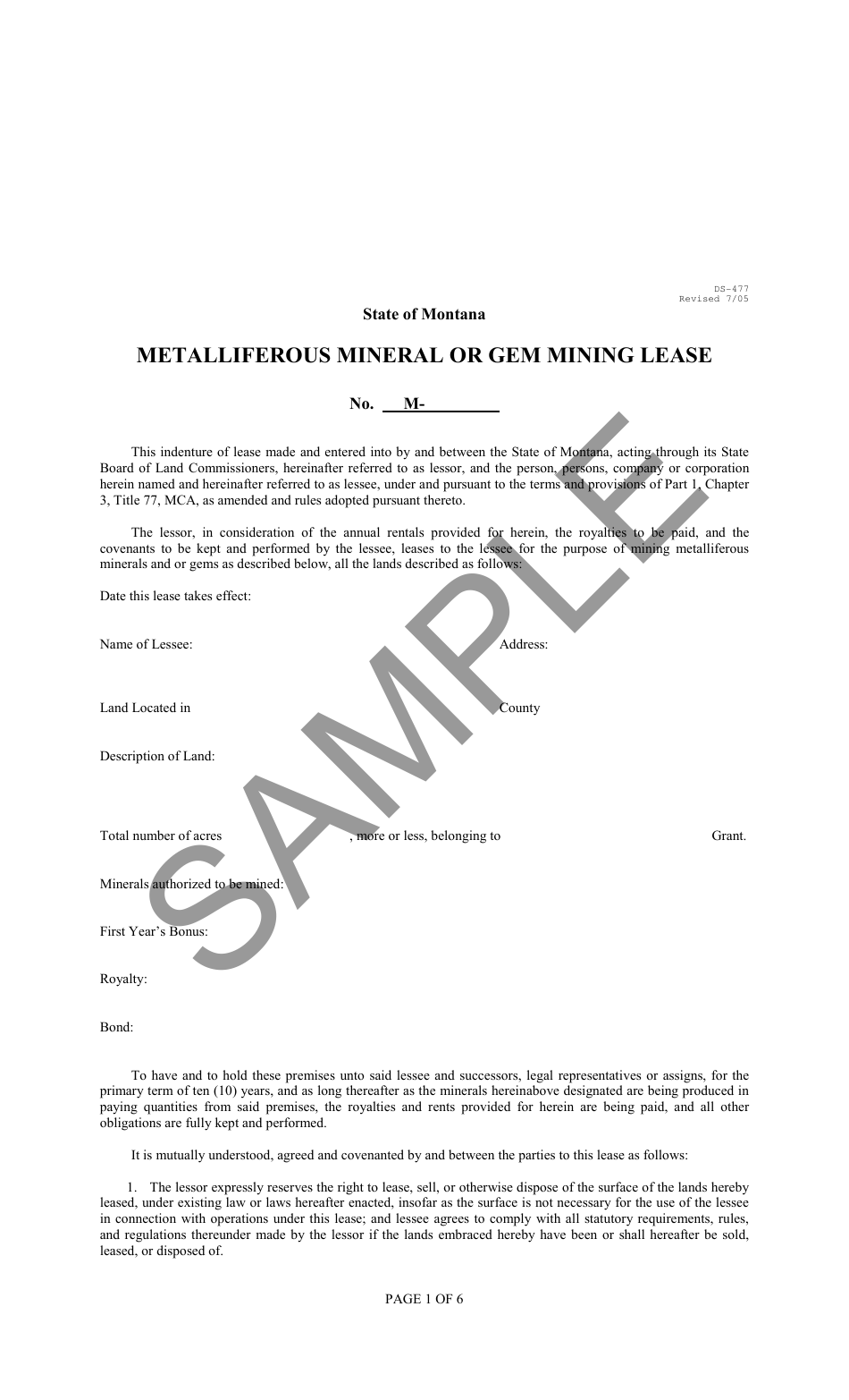 Form DS-477 Metalliferous Mineral or Gem Mining Lease - Sample - Montana, Page 1