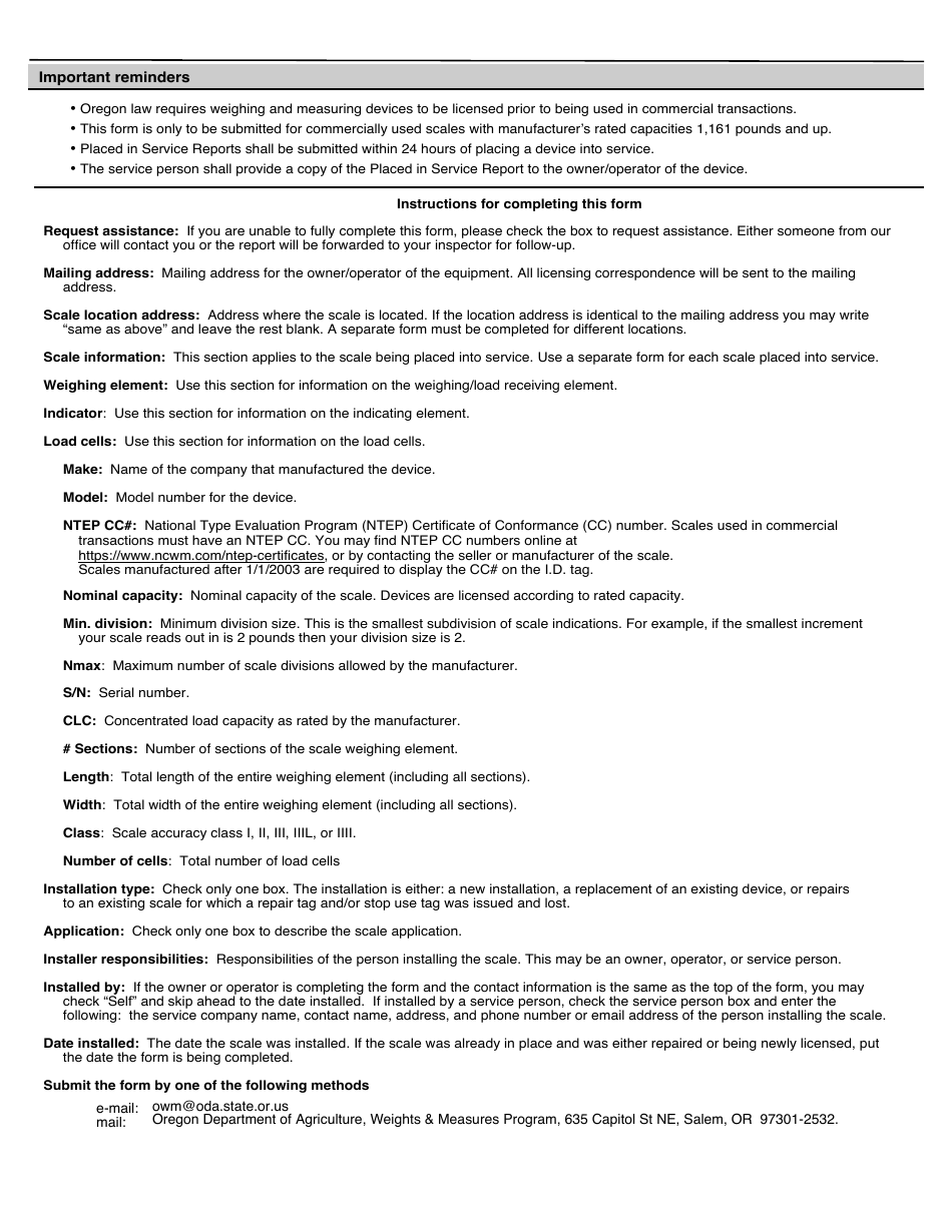 Placed in Service Report for Large Capacity Scales (Mfg. Rated Capacity 1,161 Lbs. and up) - Oregon, Page 2