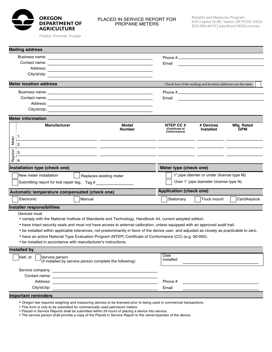 Placed in Service Report for Propane Meters - Oregon, Page 1