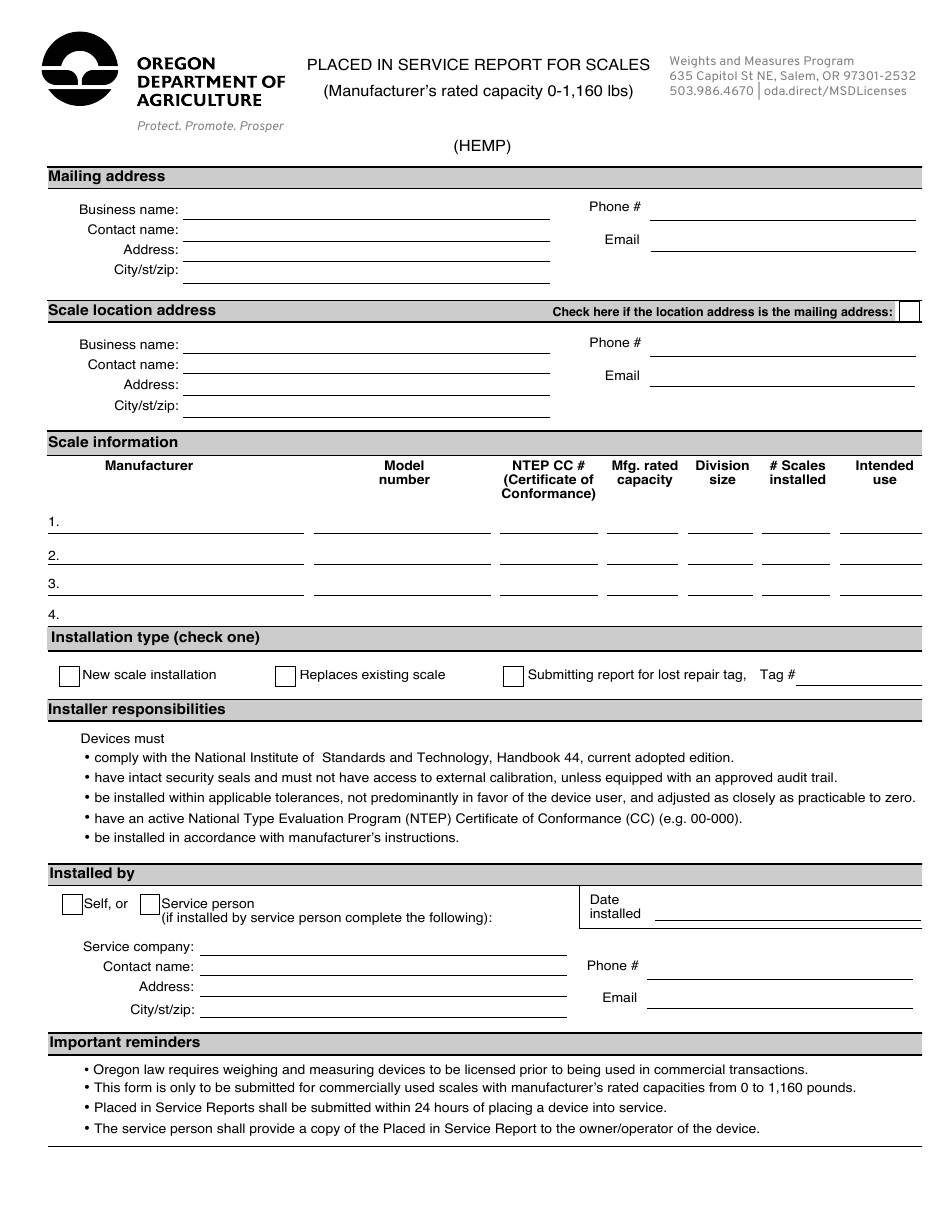 Placed in Service Report for Scales (Manufacturers Rated Capacity 0-1,160 Lbs) - Hemp - Oregon, Page 1