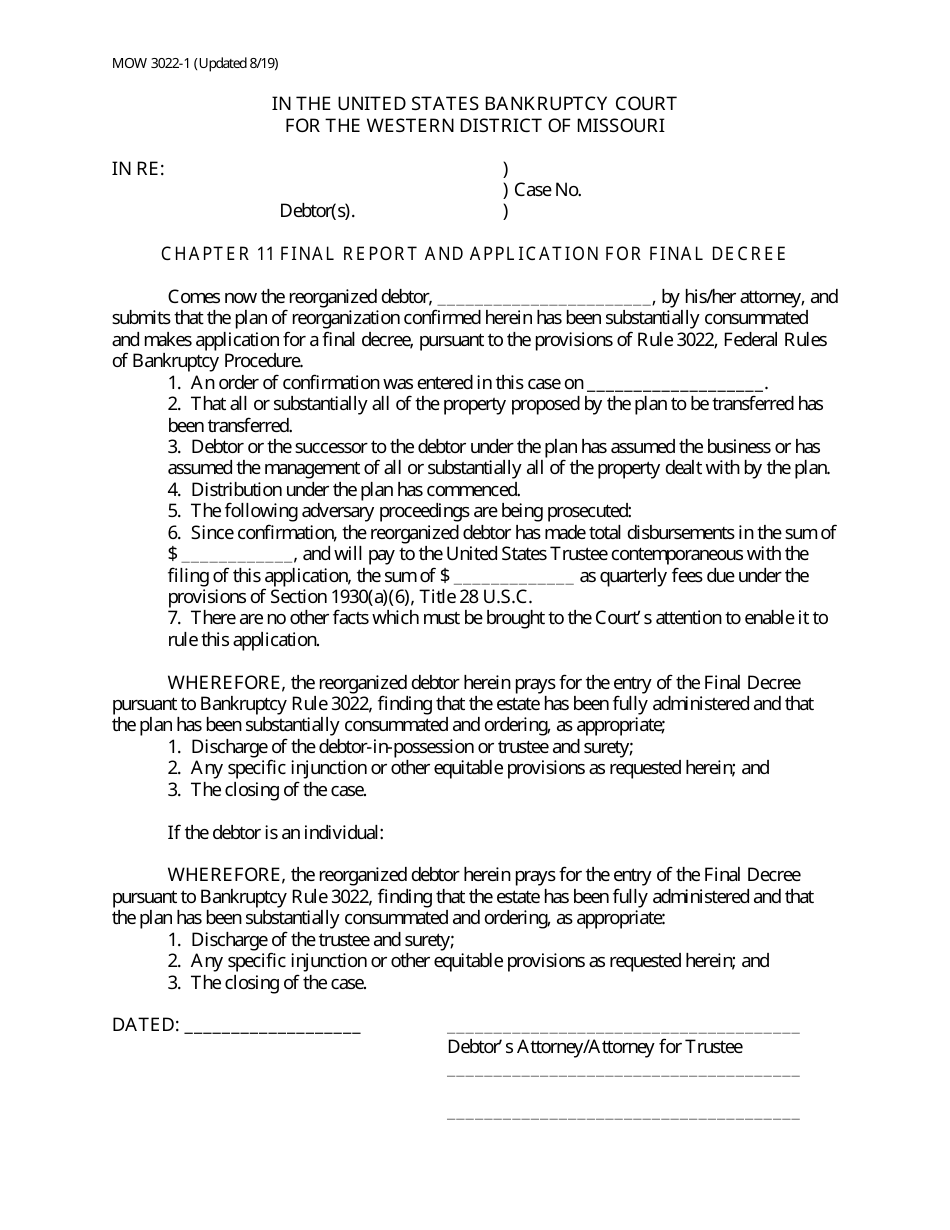 Form MOW3022-1 Chapter 11 Final Report and Application for Final Decree - Missouri, Page 1