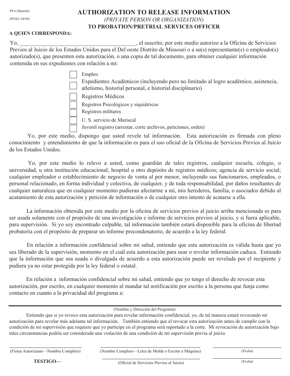 Formulario PS6 Authorization to Release Information to Probation / Pretrial Services Officer - Missouri (Spanish), Page 1