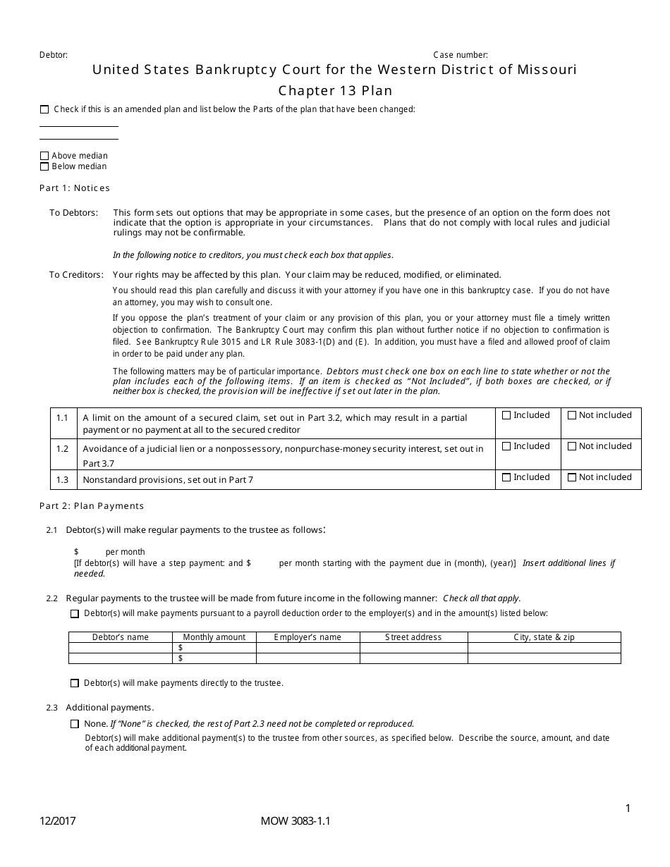 Form MOW3083-1.1 Chapter 13 Plan - Missouri, Page 1
