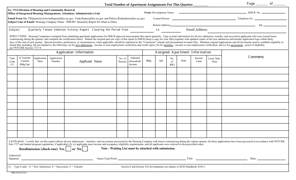 Form HM-14A Download Fillable PDF or Fill Online Quarterly Tenant ...