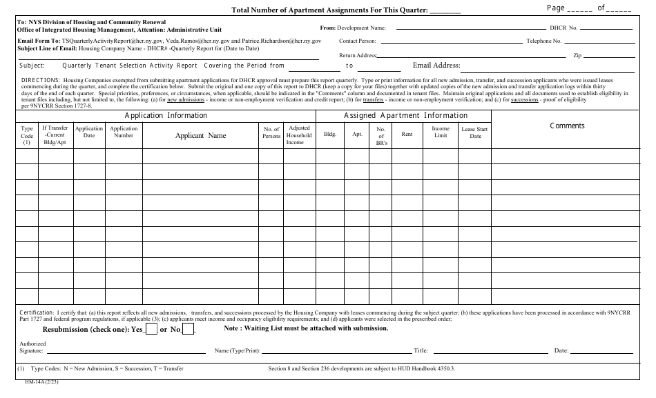 Form HM-14A Quarterly Tenant Selection Activity Report - New York, Page 1